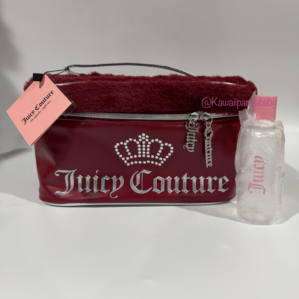 Juicy Couture Faux Fur Leather Burgundy Red Silver Bling Travel Cosmetics Bag
